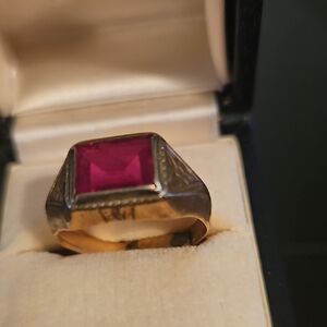 Men's 10K Gold Ring, Art Deco with Lab Created non Ruby.